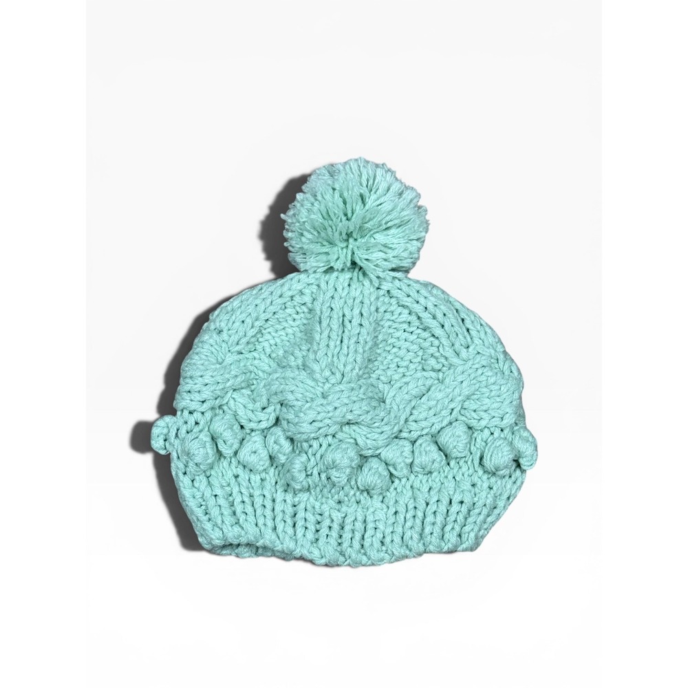 Free People Mint Green Chunky Cable Knit Bobble Pom Beanie Hat